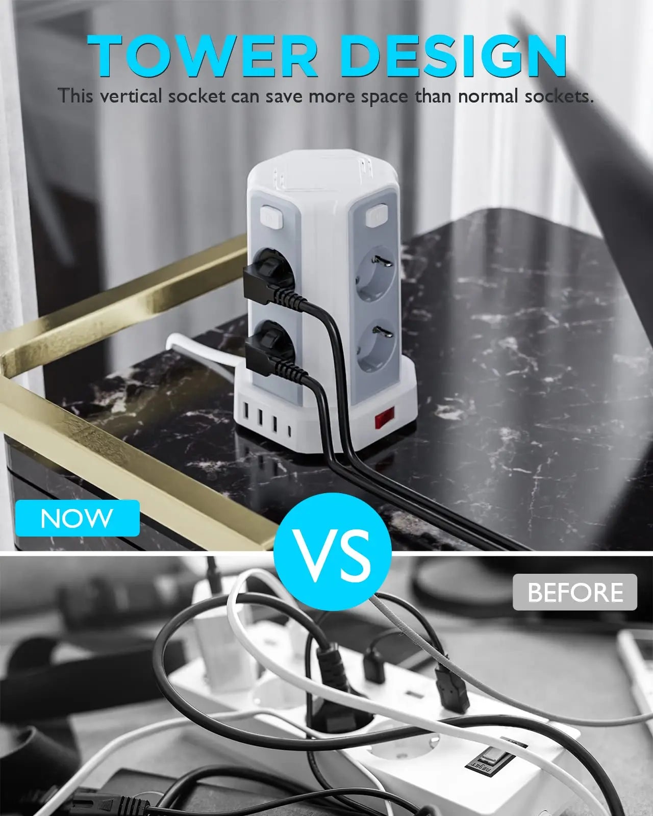 3 Meters Power Strip Power Strip with 8 pads and 3 USB + 1 USB C (2500W/10A) overdrive Protection with Independent Switche